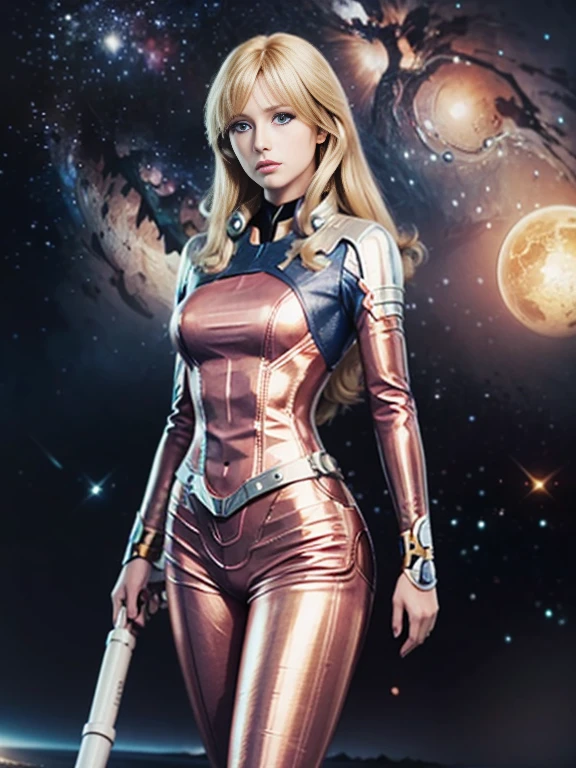 Anime style female character inspired by vintage space opera aesthetics, with elongated facial features, 165 cm tall, having blond, waist-length, wavy hair with V bangs, and blue eyes. She is wearing tight skinny jeans with high boots over them, adding an equestrian touch to her ensemble. The character's design reflects a blend of space opera elements and a realistic body proportion, highlighting her strong yet feminine presence.