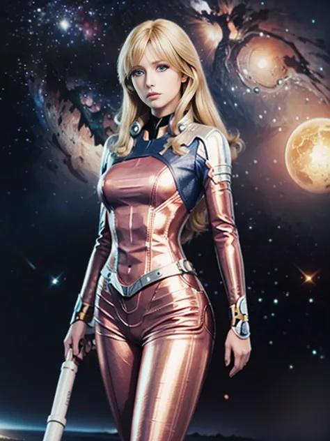 Anime style female character inspired by vintage space opera aesthetics, with elongated facial features, 165 cm tall, having blo...