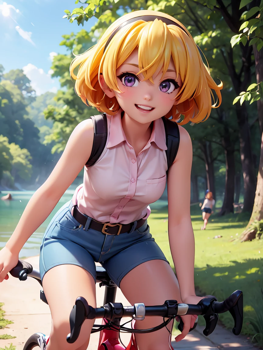 (ride a bicycle), (Houjou_Satoko), 1 female, solo,  (Yellow Hair), blonde, Purple eyes, short hair, hair band, Small breasts, Collared shirt,Sleeveless shirt,Pink Shirt,  White Belt, Denim shorts, Attention to detail, Lush forest, Beautiful riverside, Blue sky, Sunshine pours down, Smiling Rider,
