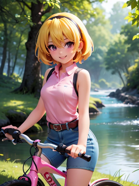 Cycling in nature, (ride a bicycle), (Houjou_Satoko), 1 female, solo,  (Yellow Hair), blonde, Purple eyes, short hair, hair band, Small breasts, Collared shirt,Sleeveless shirt,Pink Shirt,  White Belt, Denim shorts, Attention to detail, Lush forest, Beautiful riverside, Blue sky, Sunshine pours down, Smiling Rider,