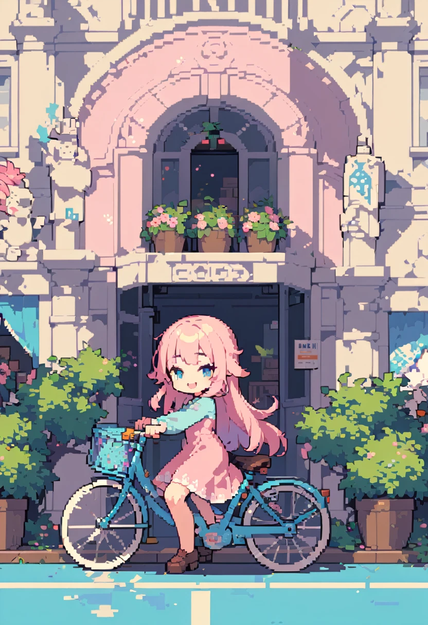 masterpiece, Highest quality, 8k, Pixel art, Pixel art, Vivid, woman, 若いwoman, smile, cute, Turning at an angle, Open your mouth, Fluffy hair, Long Hair, Hair like sheep's hair, Pink Hair, eyebrow, 太いeyebrow, Pink dress, Light blue cardigan, Brown shoes, (Riding a bicycle, The tires are very large