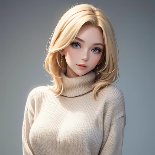 Portrait of a model woman with blond hair in a warm designer sweater, in the style of branded clothing, With the sweater in full view, Panasonic GH5, happy expressions, low key image, sharp texture - Image #2 @SlengSleng