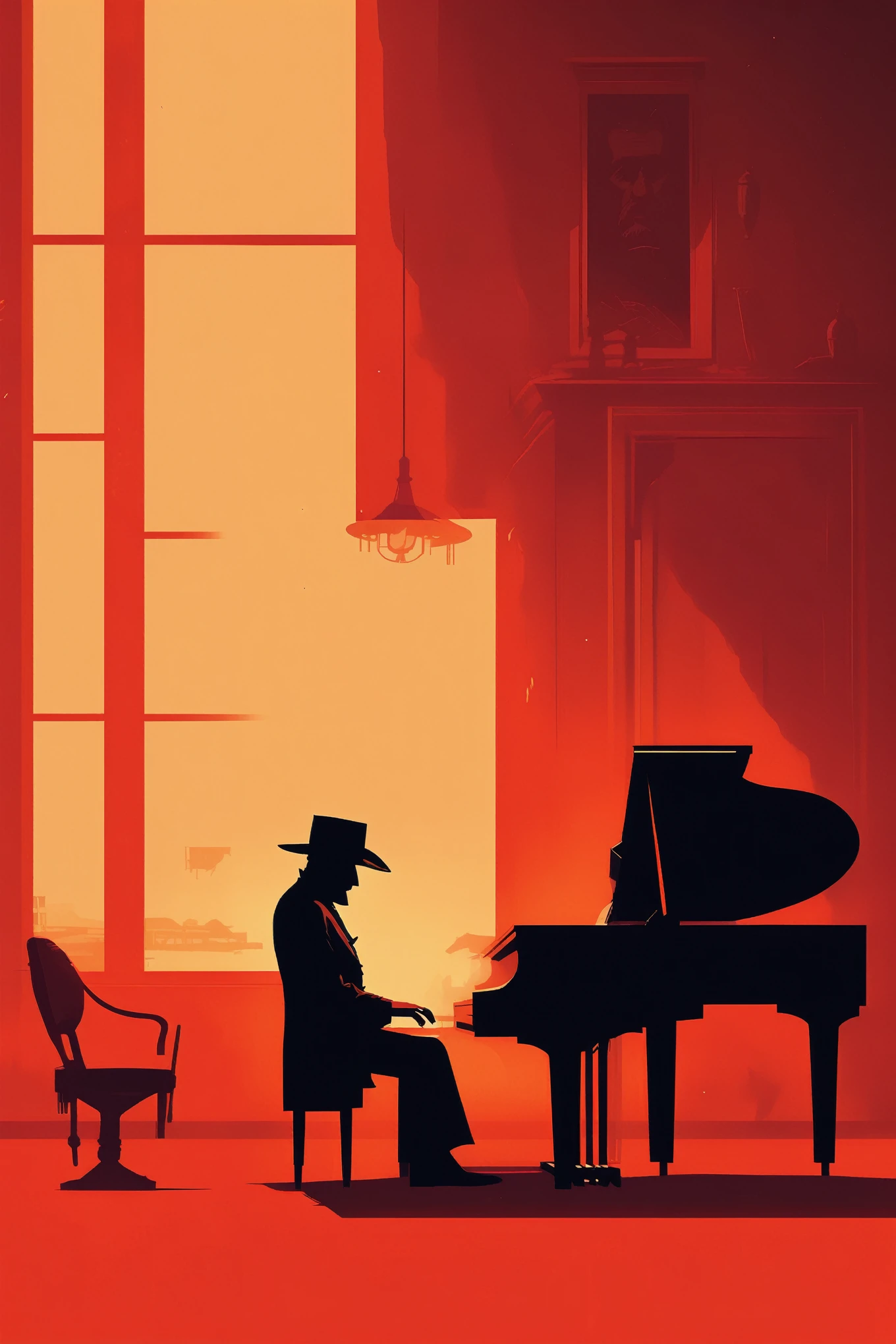 Olly Moss Style - Minimalism, Bowler-hatted saloon pianist, Dimly lit salon background, Warm colors, Sergio Leone, Red Dead Redemption 2 artwork style