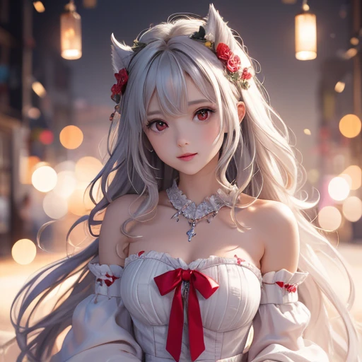 {{masterpiece}},best quality,highly detailed,extremely detailed CG unity 8k wallpaper,illustraction, 1girl, red eyes, wavy silver hair, pointy ears, vampire, dress, necklace, hair flower, snow, ice, full body, shot,high close up, highly detailed,center frame,sharp focus, looking at viewer, floting hair,