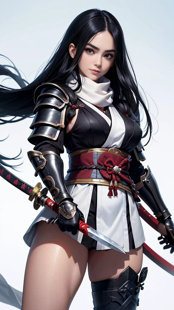 master piece,　best quality,　ultra detailed,　photorealistic,　voluptuous,　1 young girl,　fair skin,　pale skin,　Long Straight hair,　black hair,　smile,　mega breasts,　gorgeous bluck kimono,　cowboy shot,　looking up,　white background,　(Japanese SAMURAI Armor：1.4),　(Black armor:1.2)、No exposed skin、(Wearing a long white scarf:1.2)、grasping katana sword, Samurai, fighting stance 、Thick eyebrows、Slit eyes, long bloodstained sword,  disheveled long black hair、A proud, black-haired beauty standing on the battlefield beloved by the God of War.、　A beautiful woman dominates the battlefield with a single sword