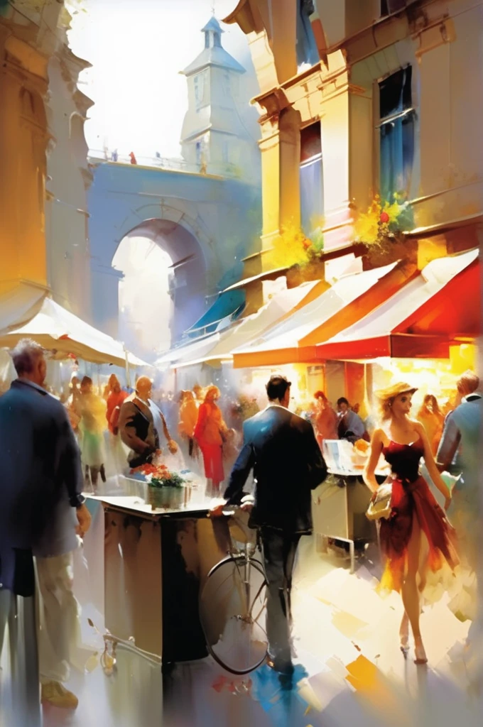 Willem Haenraets Style - Bustling European marketplace filled with vibrant stalls, lively vendors, and bustling shoppers. A kaleidoscope of colors brings the scene to life in Haenraets' signature style.