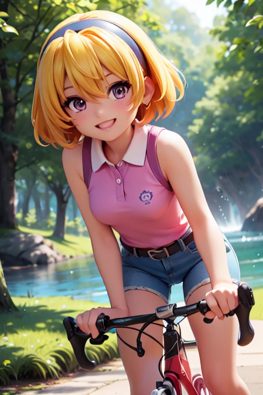 Cycling in nature, (ride a bicycle), (Houjou_Satoko), 1 female, solo,  (Yellow Hair), blonde, Purple eyes, short hair, hair band, Small breasts, Collared shirt,Sleeveless shirt,Pink Shirt,  White Belt, (Denim shorts), Attention to detail, Lush forest, Beautiful riverside, Blue sky, Sunshine pours down, Smiling Rider,