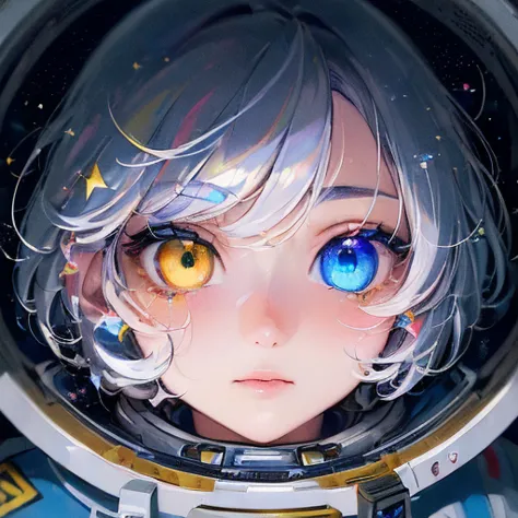 (a better quality masterpiece in close-up:1.5)0.9], (space and astronaut:1.2) (messy silver hair:1.1) (yellow eyes with heteroch...