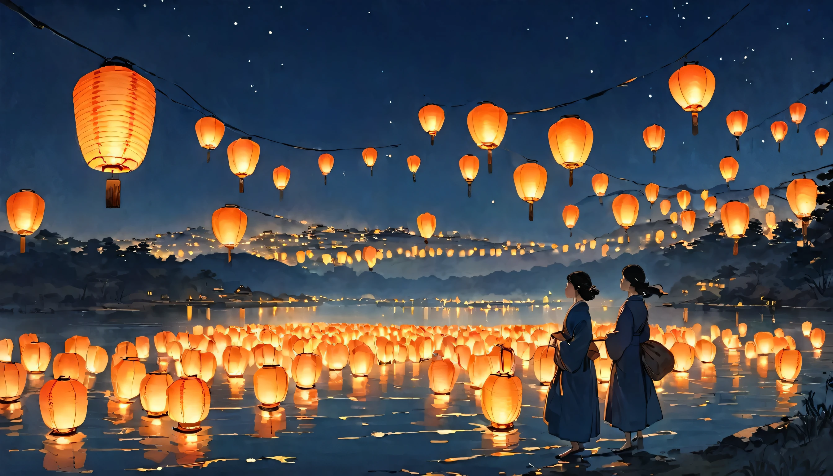 Katsushika Hokusai、vague、Mont、Ink and watercolor、Light tones、calligraphy、Ink Painting　Ink Painting　Place river lanterns on the river bank，Many sky lanterns are lit up on the water., Floating light, Light and reflection, Glowing lights! Intermediate metaverse elements，number, Shining Reflection, Water lanterns, quiet night. Digital Illustration, Beautiful atmosphere, Light in the night sky, Quiet night atmosphere, Beautiful number artwork, Low level of detail. number, Beautiful atmosphere