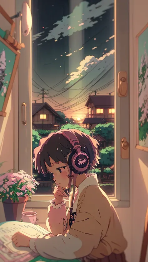 anime style, (dreamlikeart), (soft focus), cozy room setting, girl with headphones, [(lofi beats:1.3)|ambient music], (anime art...