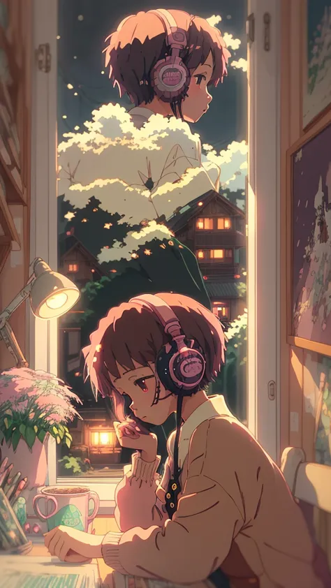 anime style, (dreamlikeart), (soft focus), cozy room setting, girl with headphones, [(lofi beats:1.3)|ambient music], (anime art...