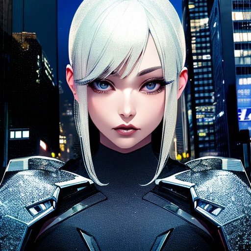 Platinum blonde woman robotic destroyed city Super realistic well detailed