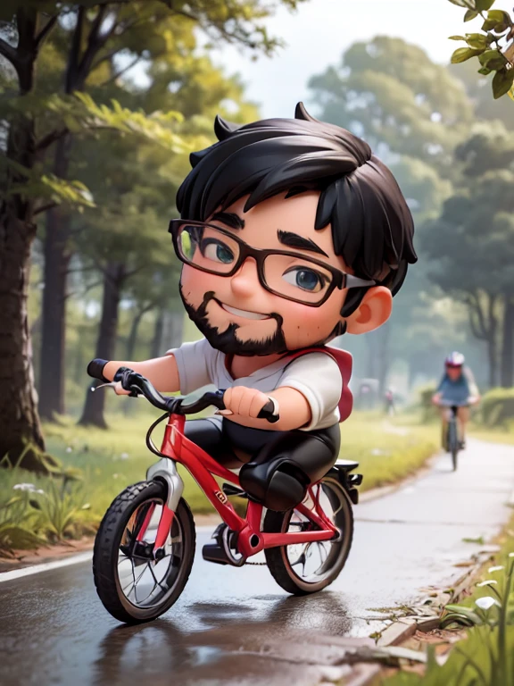 Cycling in nature, (ride a bicycle), 1 male, solo, Black Hair, beard, Glasses, obesity, Lush forest, Beautiful riverside, Blue sky, Sunshine pours down, Smiling Rider, chibi figure, full body