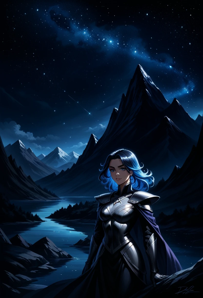 Starry Sky with Mountains and Lake, Jessica Rossier, Inspired by Jessica Rossier, Jessica Rossier Fantasy Art, Concept Art Magic Highlights, Official Artwork, Dream Painting, Ethereal Realm, Atmospheric artwork, dreamy matte paintings, serene endless stars inspired by Ted Nasmith, moonlit starry environments, epic music album covers.