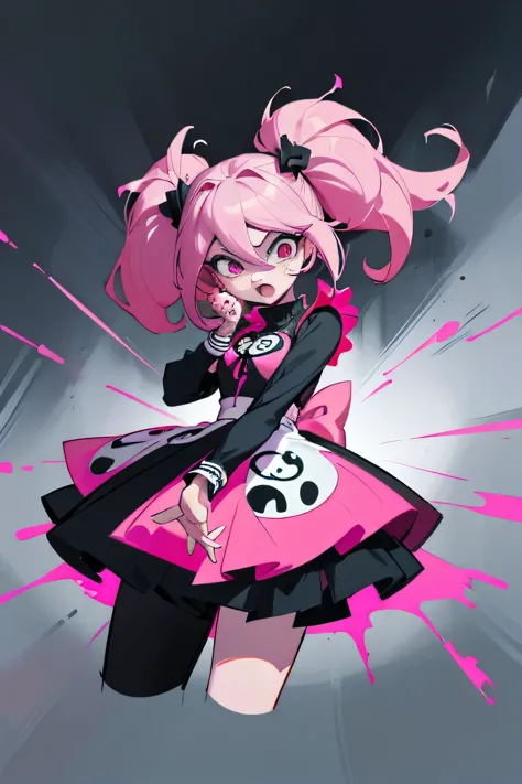 anime girl with pink hair and black top and black pants, 1 7 - year - old anime goth girl,  in dress, junko enoshima, anime styl...