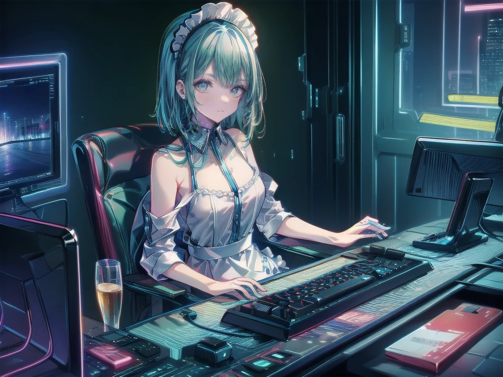 ((Highest quality)), ((masterpiece)), (detailed), Perfect Face, ((Highest quality, 8k, masterpiece: 1.3)), Sharp focus, Highly detailed face and skin texture, detailedな目, Maid Apron, White collar, Maid using a desktop computer, Playing games on a computer, Frame Rate, Computer Monitor, keyboard, Gaming Chair, Light blue hair, Bob cut to the jaw, Dimly lit room, Late Night, Addicted to the game, Bloodshot eyes