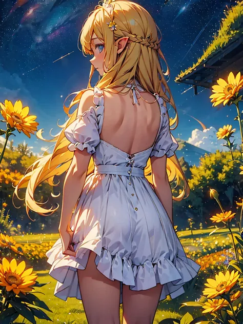 １people々々々々々々々々々々,blonde long-haired woman，fairy， dress silhouette， rear view，space sky, flower field，colorful flowers