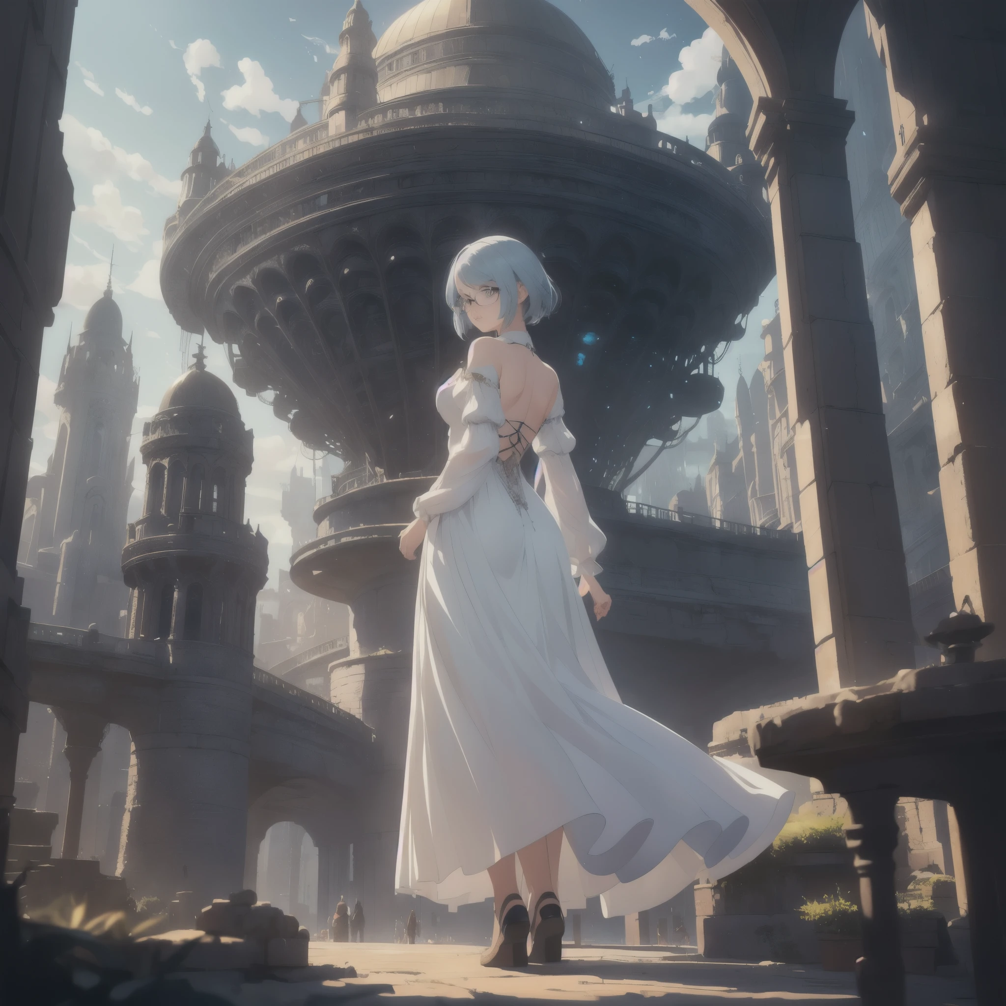 (A girl from behind), ((full body)), beautifully detailed eyes, beautifully detailed lips, extremely detailed eyes and face, long eyelashes, white dress, wearing glasses, blue hair, short hair, back view, atmospheric lighting, detailed foliage, vibrant colors, (highest quality, 4k, 8k, high resolution, masterpiece: 1.2), ultra detailed, (realistic, photorealistic, photorealistic: 1.37), complex background, dreamy atmosphere, cinematic lighting,A highly detailed, clear, masterpiece, 8K, high resolution, ultra-detailed, photorealistic, professional lighting, cinematic lighting, fashion photography, ambient lighting, fantasy, background, floating trains, giant airships, surreal, amazing, scene, wonderful, complex, giant cityscapes, from below, ancient city, atmosphere