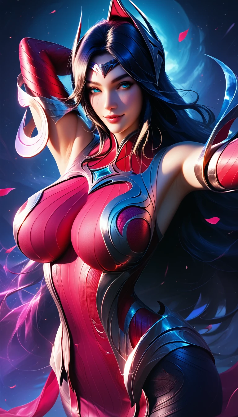 beautiful face, cute face, League of legends, irelia, nude, smug smile, biggest breasts, huge breasts, Long breasts, 30yo, queen, dim room, tall woman, night, enemy woman, detailed face, beautiful eyes, full lips, intricate details, hyper realistic, cinematic lighting, dramatic shadows, vibrant colors, fantasy art, concept art, armpit,