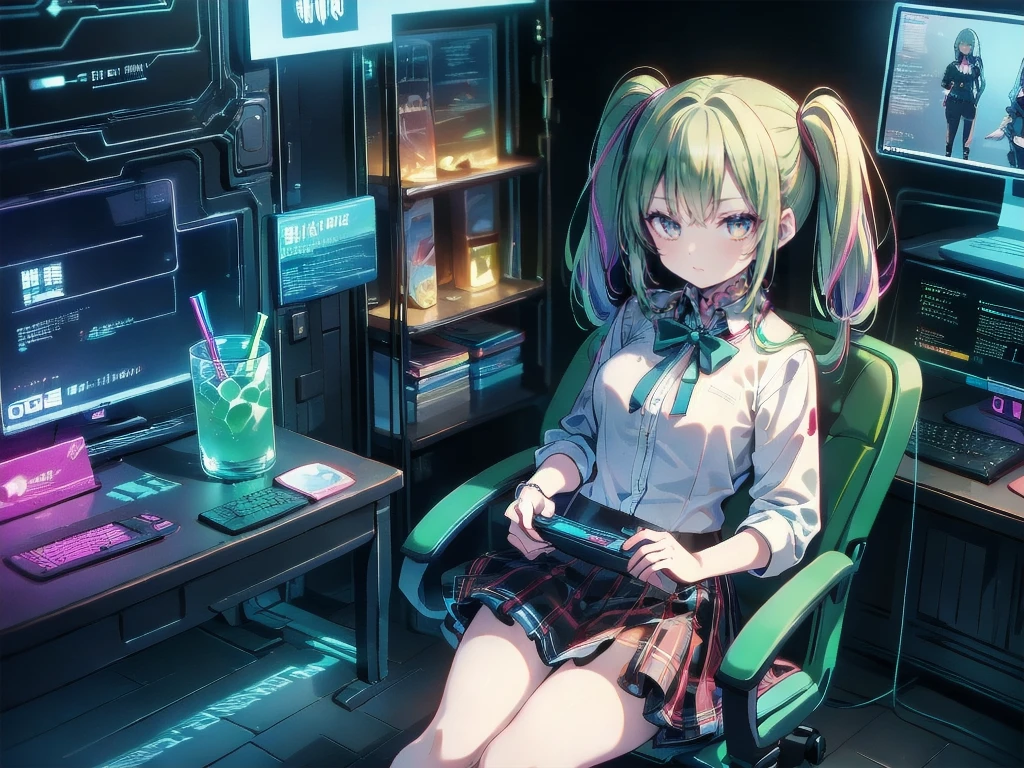 ((Highest quality)), ((masterpiece)), (detailed), Perfect Face, ((Highest quality, 8k, masterpiece: 1.3)), Sharp focus, Highly detailed face and skin texture, detailedな目, Uniform Blazer, Long tornado twin tails, High school girl using a desktop computer, Playing games on a computer, Frame Rate, Computer Monitor, Multiple Monitors,keyboard, Gaming Chair, Sit on a chair, Purple Hair, Cold glass drink, Dimly lit room, Late Night, Addicted to the game, Bloodshot eyes, I have four implant codes connected to my head.、
