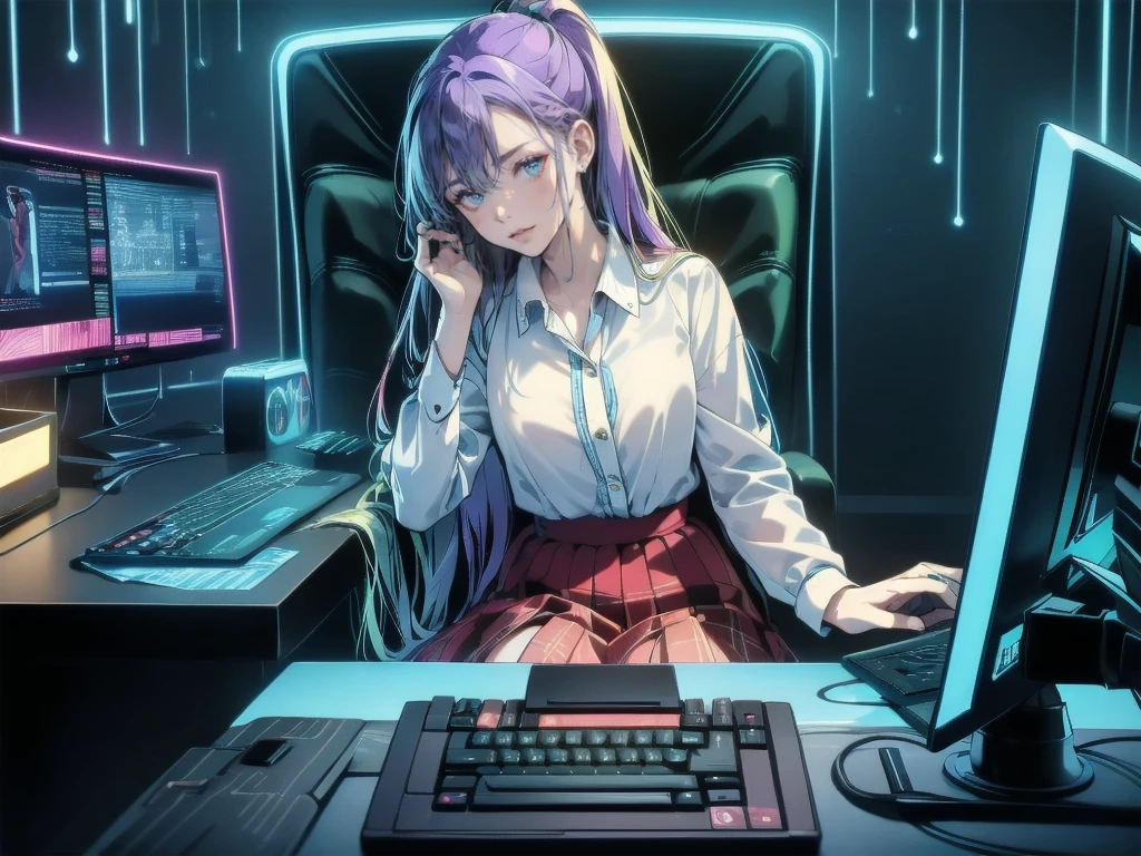 ((Highest quality)), ((masterpiece)), (detailed), Perfect Face, ((Highest quality, 8k, masterpiece: 1.3)), Sharp focus, Highly detailed face and skin texture, detailedな目, Uniform Blazer, very long hair of golden color, High school girl using a desktop computer, Playing games on a computer, Frame Rate, Computer Monitor, Multiple Monitors,keyboard, Gaming Chair, Sit on a chair, Purple Hair, Cold glass drink, Dimly lit room, Late Night, Addicted to the game, Bloodshot eyes,