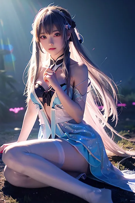 anime girl wearing glowing clothes sitting on the ground, glowing blue, glowing details!, glowing aesthetics, shining with magic...