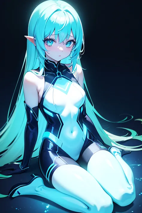 anime girl wearing glowing clothes sitting on the ground, glowing blue, glowing details!, glowing aesthetics, shining with magic...