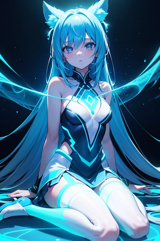 Anime girl wearing glowing clothes sitting on the ground, Glowing Blue, Glowing Details!, Glowing Aesthetics, Shining with Magical Light, White Glowing Veins, Glowing Details, Shimmering with Colorful Lights, Bioluminescent Skin!, with Glowing Blue lights, anime characters; full body art, Glow effect, Luminous veins, Blue light. fantasy, Anime girl with blue glowing aura wearing luminous clothing sitting on the ground, Yuumei&#39;s cyberpunk art, Douban, holography, Glowing Blue, Glowing Details!, Shining with Magical Light, Glowing Aesthetics, White Glowing Veins, Glowing Details, Shimmering with Colorful Lights, Bioluminescent Skin!, with Glowing Blue lights, anime characters; full body art, Glow effect, Luminous veins