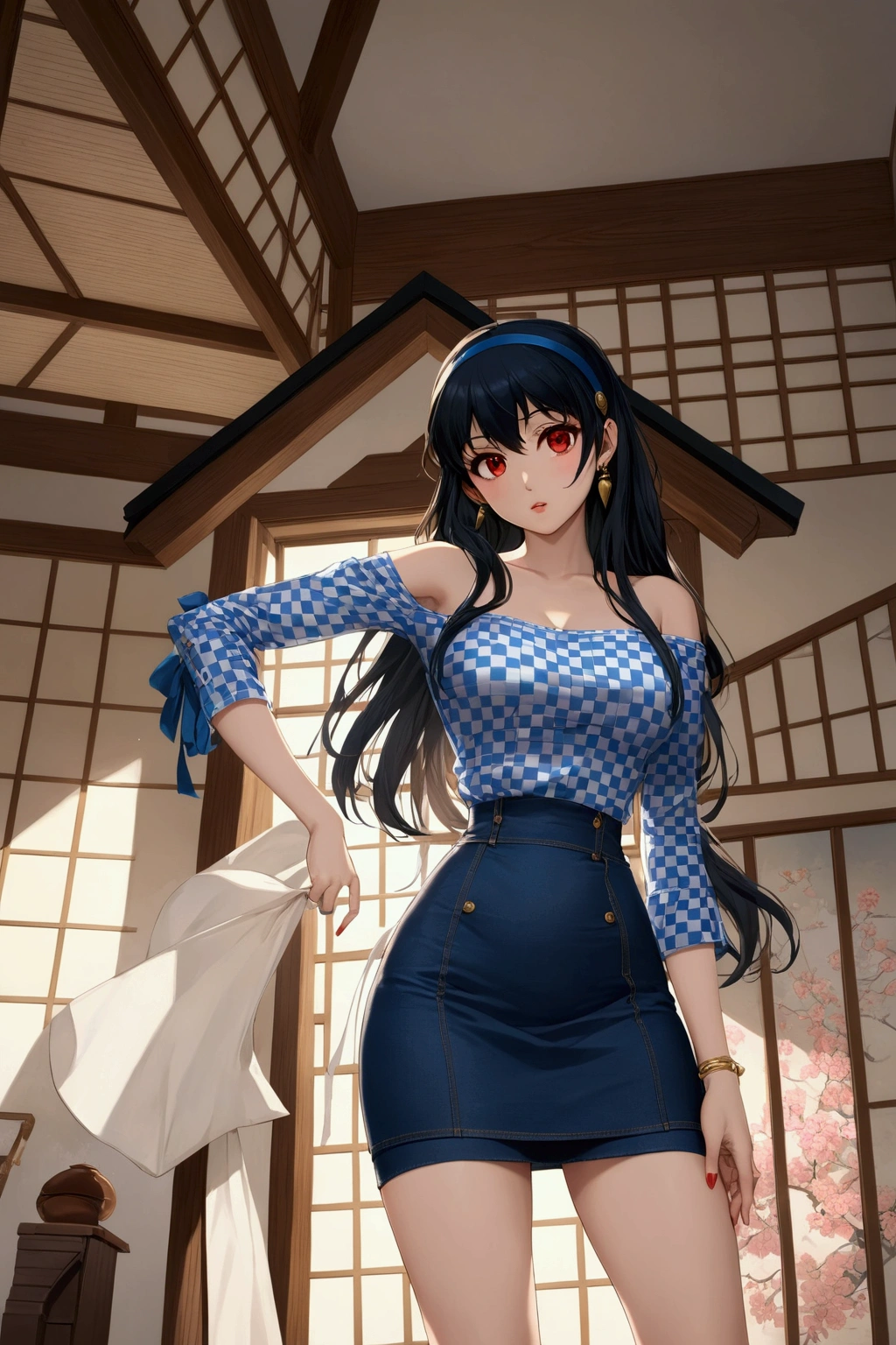 realistic anime illustration of yor_briar, (black long hair, blue ribbon hairband, gold earrings), standing and arm akimbo at her house, she wears blue tiny checkered 3/4 sleeve off-shoulder, dark prussian-blue denim pencil mini skirt, (1girl, solo, full body), (masterpiece, best quality, japanese anime style), (expressive eyes, perfect face), BREAK, (blue tiny checkered 3/4 sleeve off-shoulder, dark prussian-blue denim pencil mini skirt)