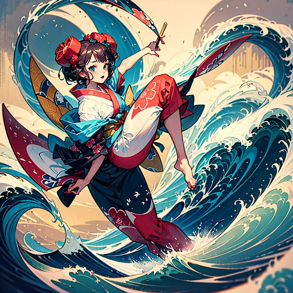 A beautiful girl in a kimono surfing in a painting by Katsushika Hokusai,katsushika hokusai,