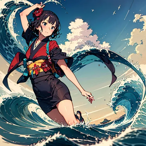 highest quality、masterpiece、official art、dynamic composition、handsome face、a beautiful girl in a kimono surfing in a painting by...