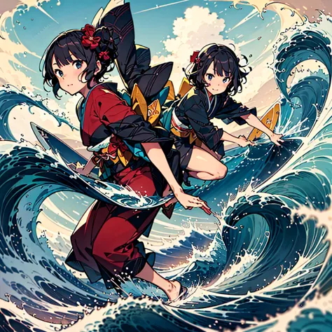 highest quality、masterpiece、official art、dynamic composition、handsome face、a beautiful girl in a kimono surfing in a painting by...