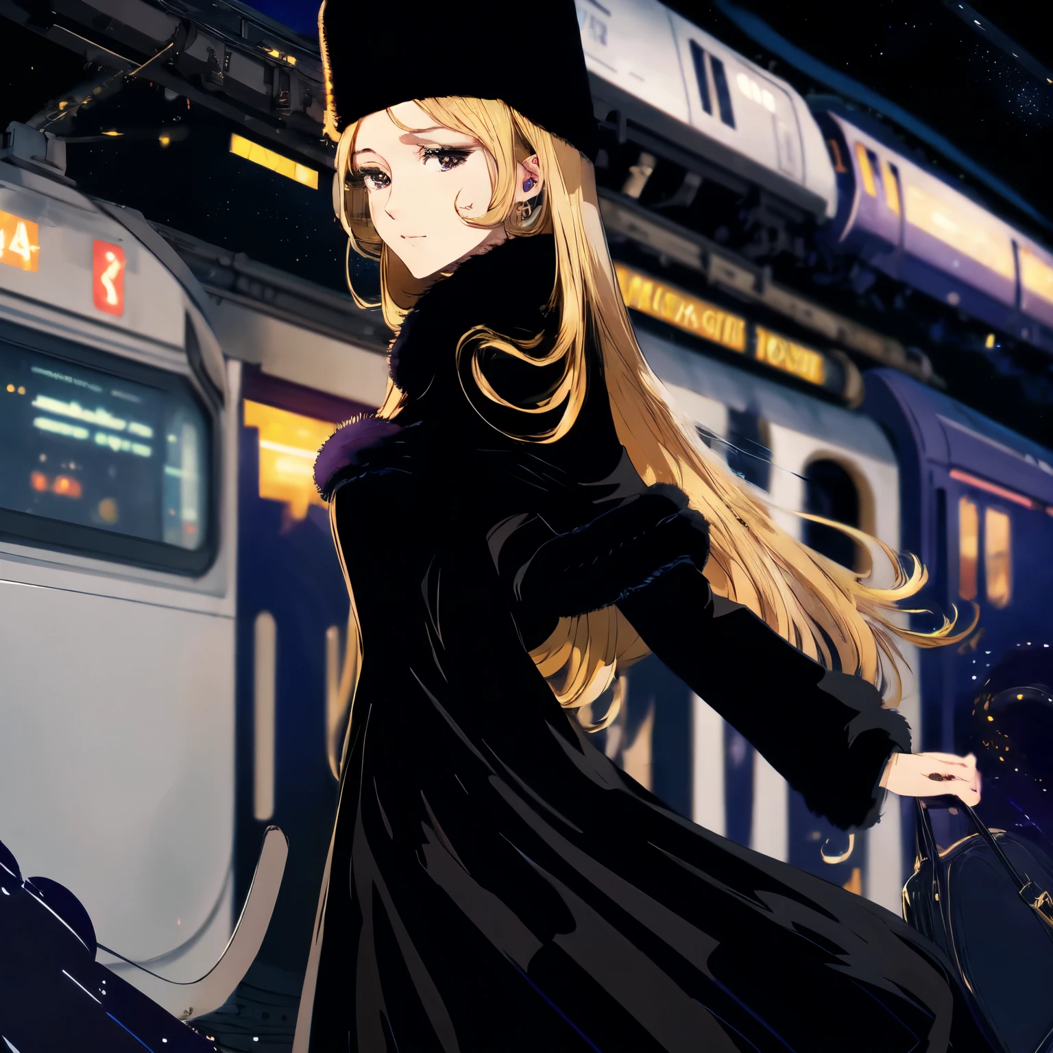 masterpiece,  High resolution, 4K, high detail, High quality, high detailed background, photorealistic, backlighting,  midnight, galaxy express 999, galaxy image, stary sky, railway to the galaxy,
1girl,  at train station, looking other, (profile:0.5), with train conductor,
black eyes, small breasts,(closed eyes:0.3) travel bag, upper body, 
maetel, long hair, blonde hair, fur trim, black headwear, fur hat, dress long boots  black,  