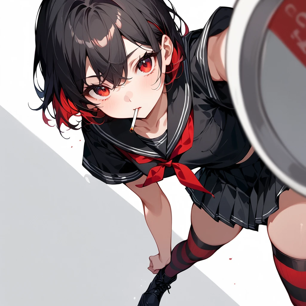 score_9, score_8_up, score_7_up, masterpiece, ultra-detailed, pretty eyes,1Girl, solo, teenager, short, small chest, big hips, red eyes, thick thighs, short hair, black hair, red Inner Hair, teenager, wearing (BLACK clothing). BLACK short-sleeve serafuku, red neckerchief, pleated skirt, zettai ryouiki thighhighs, black and red striped legwear, thigh-high socks, ankle-length platform boots, no items, no effects. Simple background, White background, full body, Simple background, White background, smoking, portrait, faceUp, from below