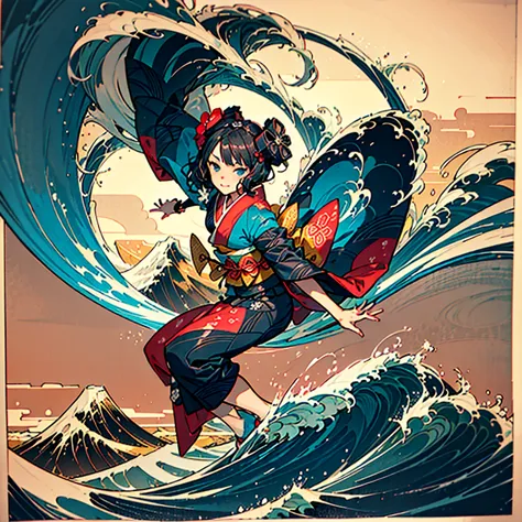 highest quality、masterpiece、official art、dynamic composition、handsome face、a beautiful girl in a kimono surfing in a painting by...