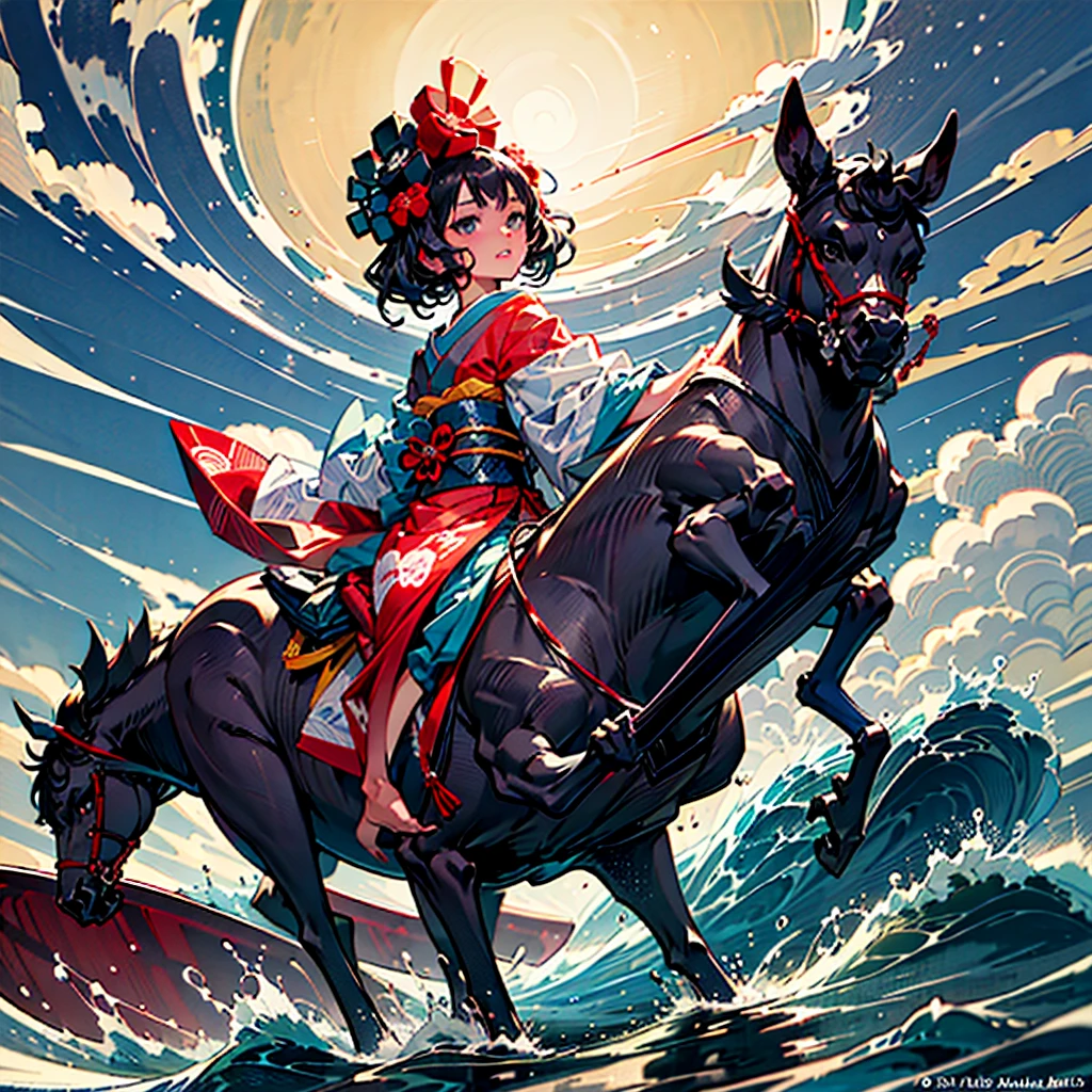 Highest quality、Masterpiece、Official Art、Dynamic composition、Handsome face、A beautiful girl in a kimono surfing in a painting by Katsushika Hokusai,katsushika hokusai,katsushika hokusai \(fate\)、Extremely elaborate original illustration、Mount Fuji in the background、
