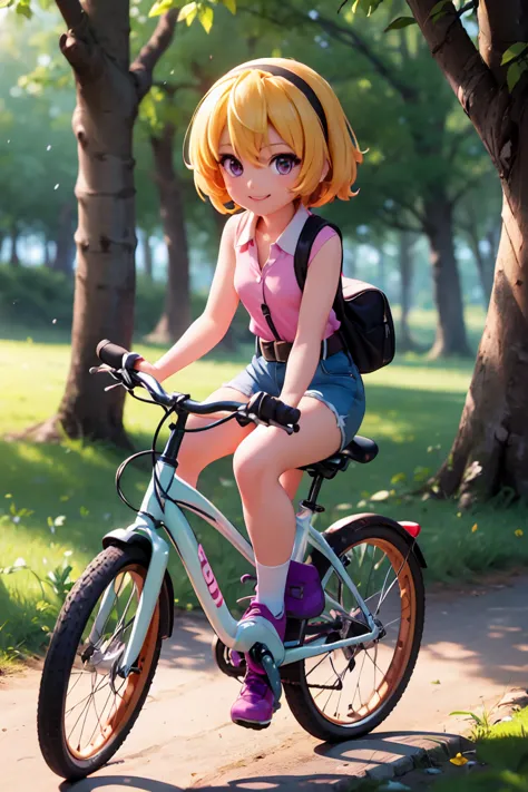 cycling in nature, (ride a bicycle), (houjou_satoko), 1 female, solo,  (yellow hair), blonde, purple eyes, short hair, hair band...