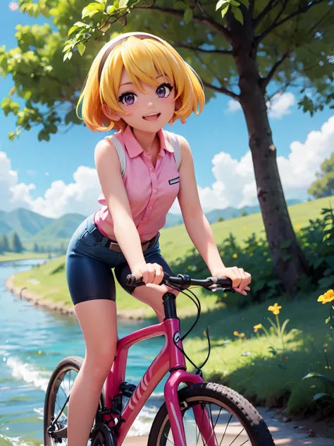 cycling in nature, (ride a bicycle), (houjou_satoko), 1 female, solo,  (yellow hair), blonde, purple eyes, short hair, hair band...