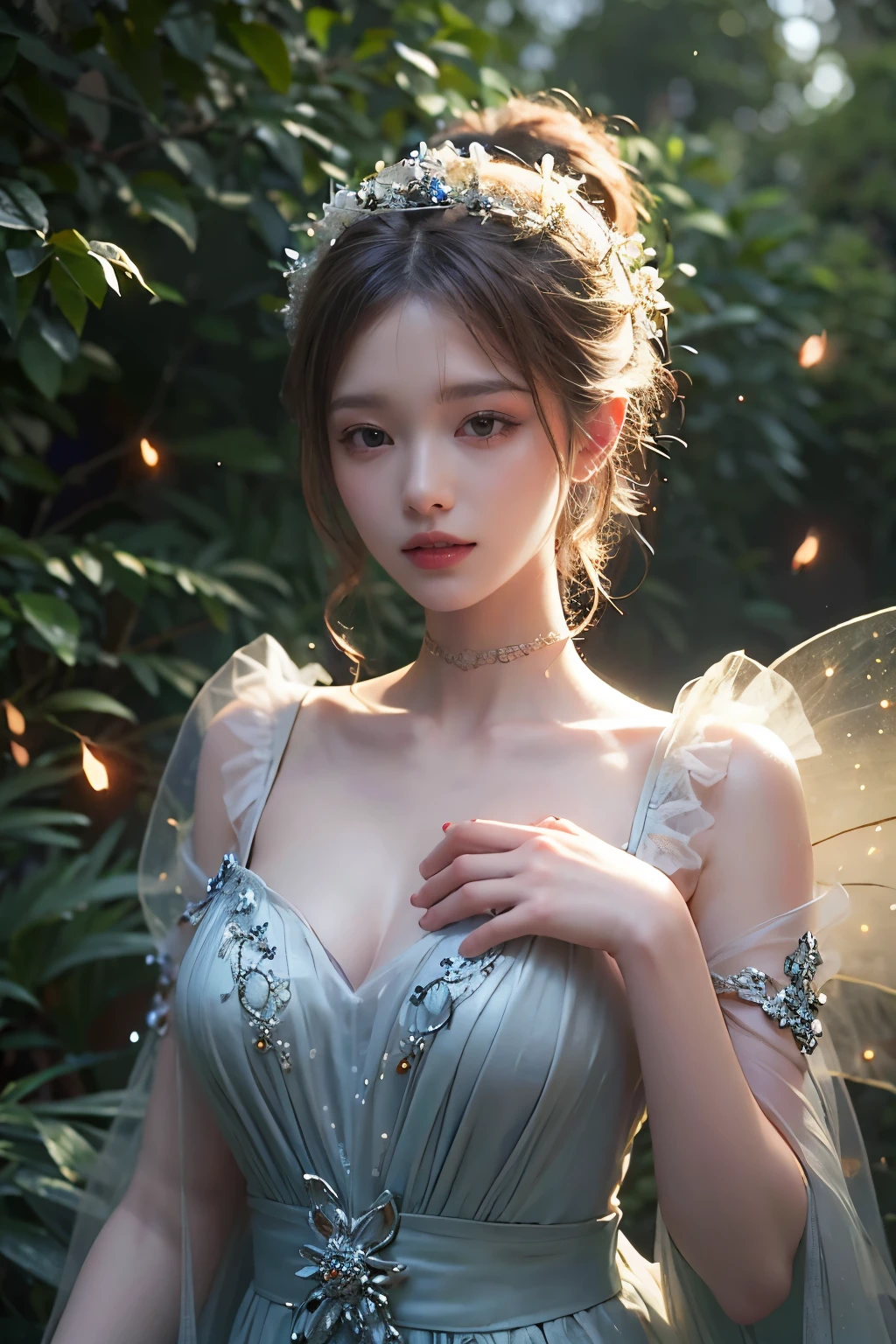 Beautiful fairy, surrounded by fireflies, ethereal and dreamy atmosphere