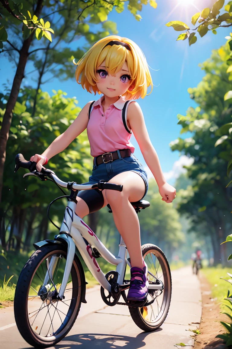 Cycling in nature, (ride a bicycle), (Houjou_Satoko), 1 female, solo,  (Yellow Hair), blonde, Purple eyes, short hair, hair band, Small breasts, 11 years old, Collared shirt,Sleeveless shirt,Pink Shirt,  White Belt, (Denim shorts), Attention to detail, Lush forest, Beautiful riverside, Blue sky, Sunshine pours down,  chibi figure, full body