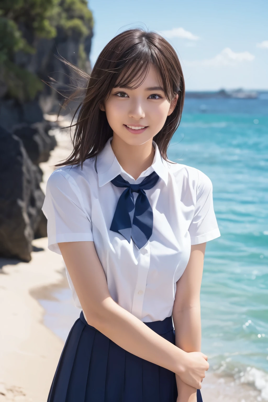 realistic, photogenic, with the sea in the background, wearing school uniform, the top button of the upper cloth is open, a little exposed at chest, skirt is short and just reaching above the thighs, middle-length hair, hair color mixes bronde and brown, hair is blowing in the wind, hair is shaggy and dishevelled, very sunburned and tanned skin, slendar figure, skiny chest, heavy and vivid makeup, small mouth, small nose, smooth shaped jawline, glossy face, heavy flushed cheeks, big smile while open mouth, easing someone, detailed eyes, slanted eyebrows, detailed lips, close-up shooting, photorealistic, highly detailed, 8k, best quality, masterpiece, vibrant colors, dramatic lighting, cinematic composition, digital art