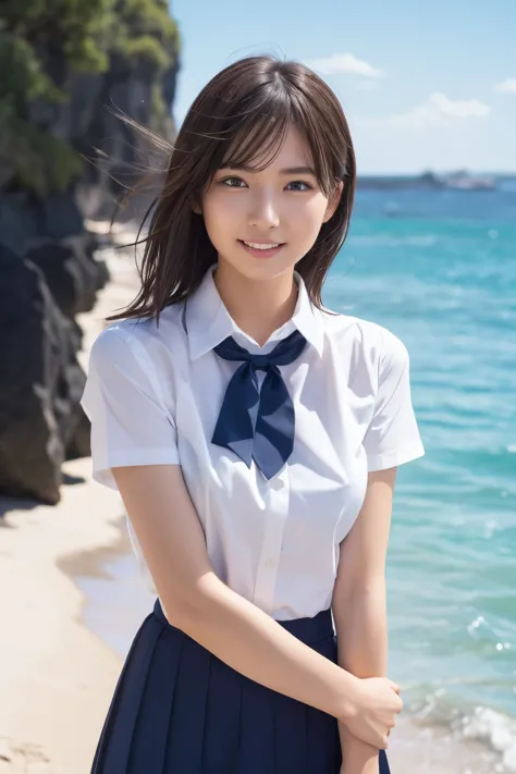 realistic, photogenic, with the sea in the background, wearing school uniform, the top button of the upper cloth is open, a litt...