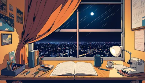 an anime-style illustration features a nighttime cityscape as the backdrop. the scene depicts rain falling outside, with droplet...