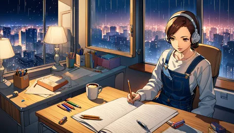 an anime-style illustration features a nighttime cityscape as the backdrop. the scene depicts rain falling outside, with droplet...