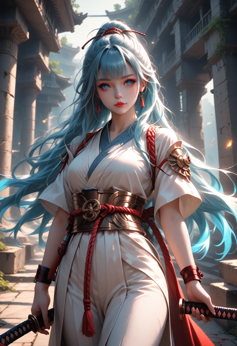 Girl 1, hkwarrior, holding a katana in his hand, Katana Emits a Blue Glow Sharp, beautiful figure, Samurai, Belt of Ropes Interwoven, Light armor, There is an Oni mask hanging on the Belt, Bright Lilac Eyes, long hair, hair of two colors (Red and Series), develop in the wind, Background Ancient Ruins, The Broken Column, Tower, Clear drawing of details, All according to the Author, The Brightest Colors, Fantasy, cinematic film still, score_9, score_8_up,score_7_up, dramatic lighting, highly detailed, high budget,bokeh, cinemascope, epic, gorgeous, film grain, grainy,masterpiece, best quality, perfect anatomy, very aesthetic, official art, 8k, the full picture, full length, Wide Grip,