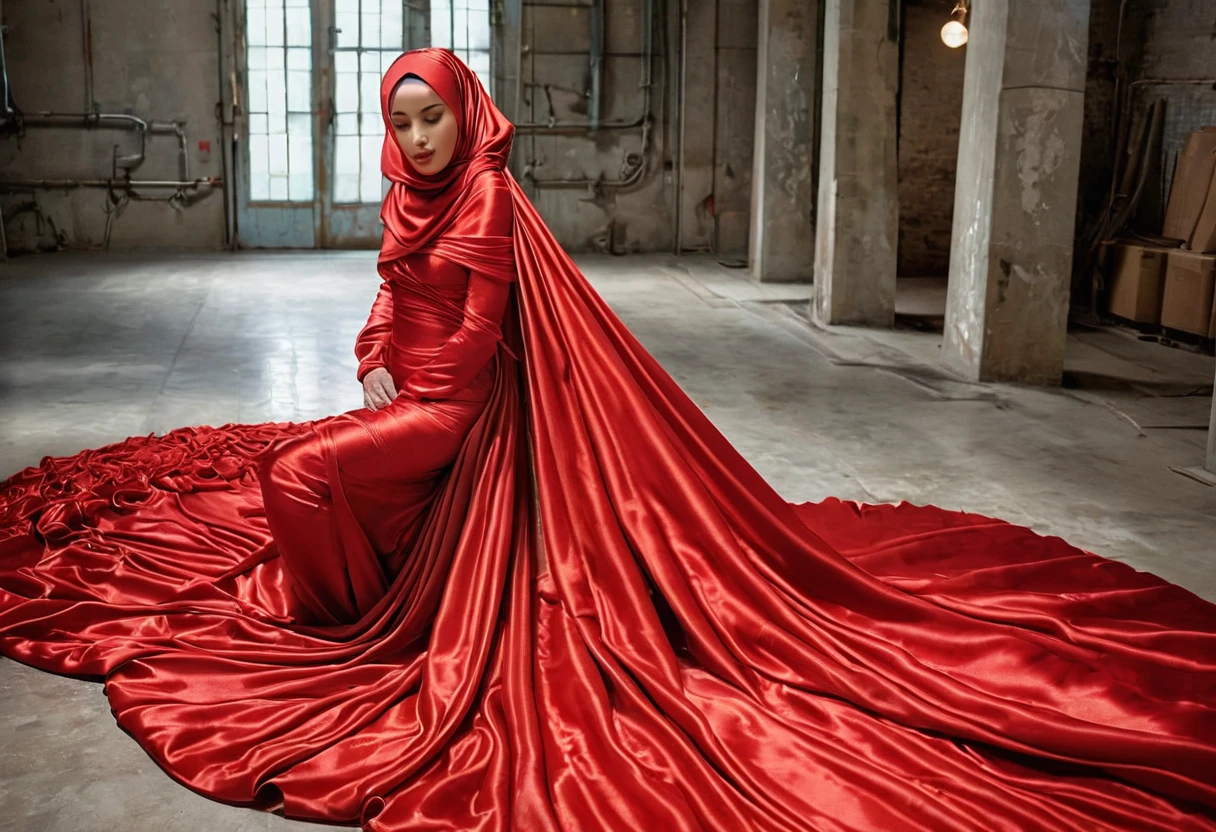 A woman shrouded in a 4-meter-long, plush red satin cloth, tightly bound and grandly draping along the form of her body, flowing off into a pooled floor-length train, styled in a mermaid-inspired outfit, her head modestly veiled in a satin hijab, tall woman, standing in fabric wearhouse, a full-body pose conveying a sense of mysterious elegance, captured in a 4k resolution, ultra-realistic