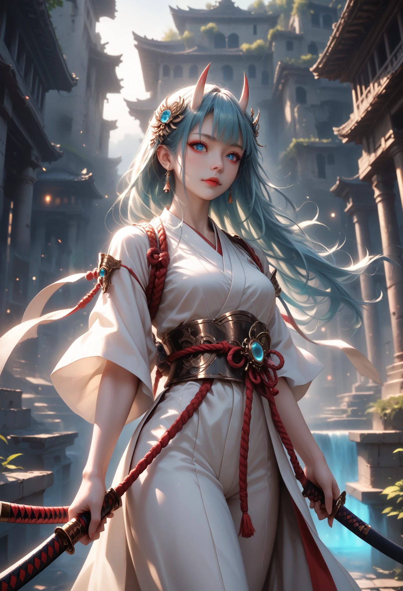 Girl 1, hkwarrior, holding a katana in his hand, Katana Emits a Blue Glow Sharp, beautiful figure, Samurai, Belt of Ropes Interwoven, Light armor, There is an Oni mask hanging on the Belt, Bright Lilac Eyes, long hair, hair of two colors (Red and Series), develop in the wind, Background Ancient Ruins, The Broken Column, Tower, Clear drawing of details, All according to the Author, The Brightest Colors, Fantasy, cinematic film still, score_9, score_8_up,score_7_up, dramatic lighting, highly detailed, high budget,bokeh, cinemascope, epic, gorgeous, film grain, grainy,masterpiece, best quality, perfect anatomy, very aesthetic, official art, 8k, the full picture, full length, Wide Grip,