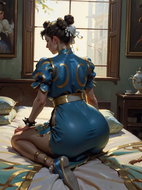 (aoc:1.1), (oil painting:1.3), from behind, lying face down on the bed, accentuate butt, (curvaceous, stick butt out), slightly ...