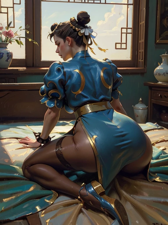 (AOC:1.1), (Oil painting:1.4), from behind, ((Lying face down on the bed)), Accentuate butt, (Curvaceous, On all fours, Stick butt out), Slightly Wide hips, thick thighs, (Chun-Li:1.3), brown hair, ((Bun and bun cover on both sides of the head:1.4)), blue dress, Blue cheongsam with side slits, Blue footwear, brown pantyhose, chinese clothes, cross-laced footwear, gold trim, pelvic curtain, short sleeves, puffy sleeves, sash, spiked bracelet, Afternoon at the Summer Resort, From inside the room, natural lighting, (Face away), by sargent, ((masterpiece, best quality, high resolution))