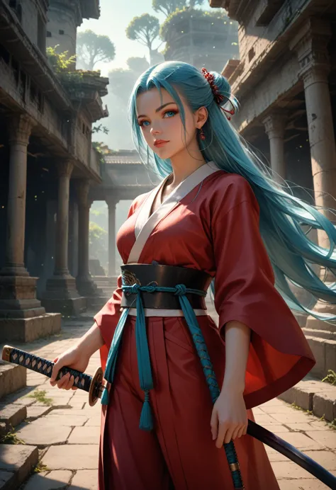 girl 1, hkwarrior, holding a katana in his hand, katana emits a blue glow sharp, beautiful figure, samurai, belt of ropes interw...